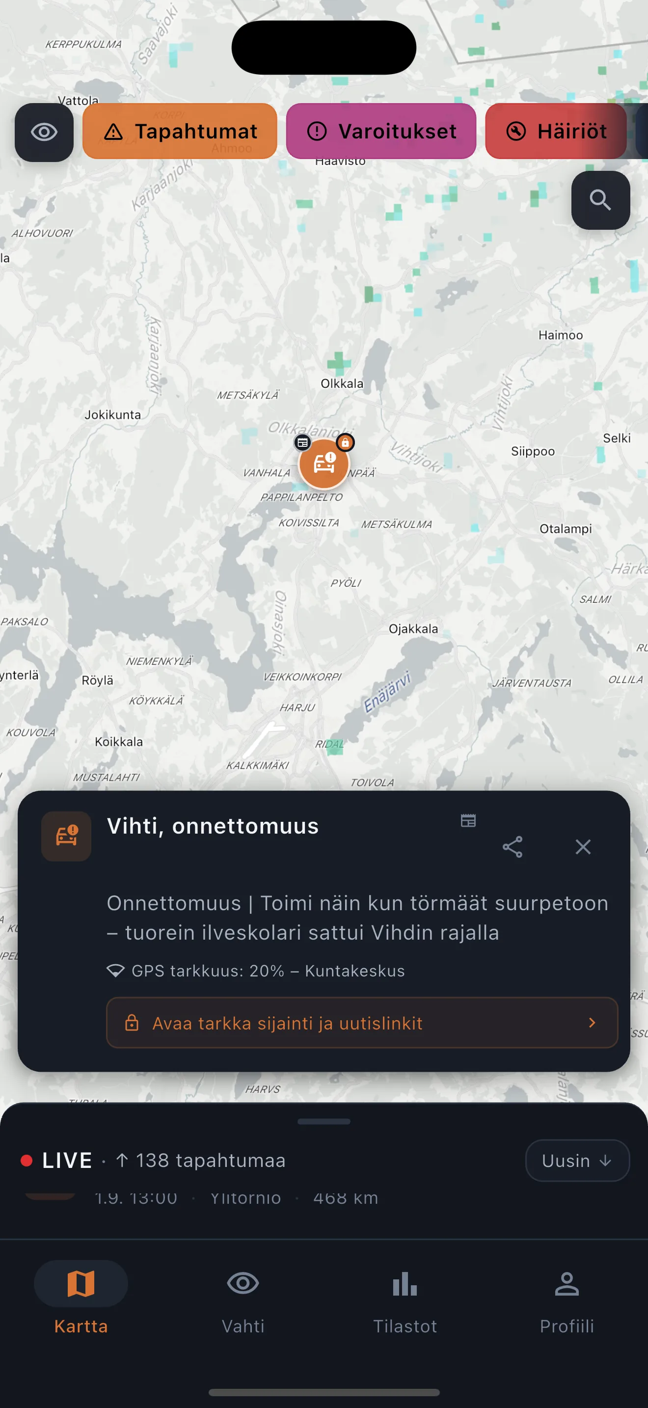 Karttapinnistä avattu tapahtumakortti