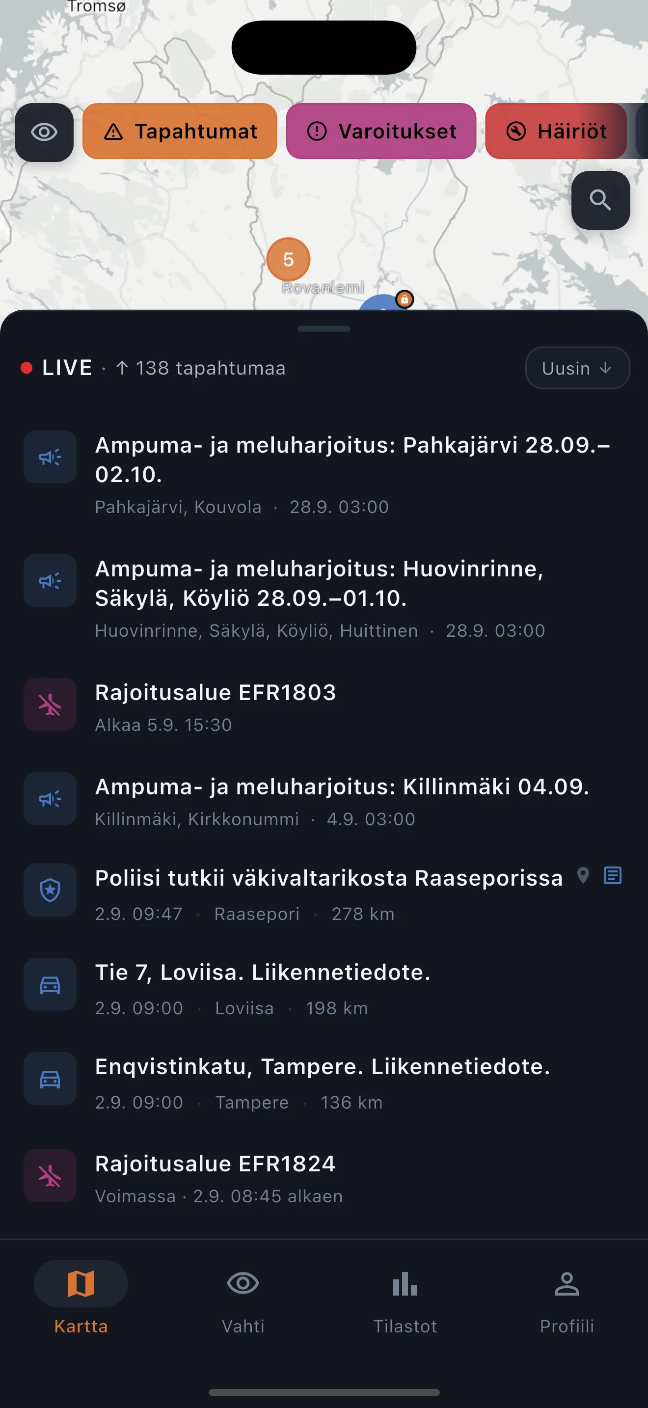 Tilannekartan tapahtumalista kartan alareunassa